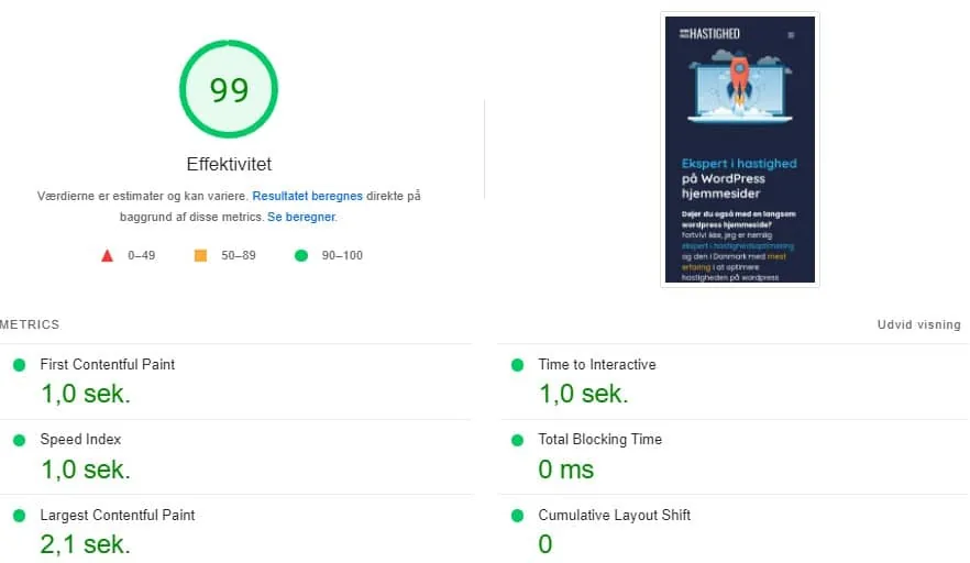 Pagespeed score på 99 på mobil med en load på 1 sekund