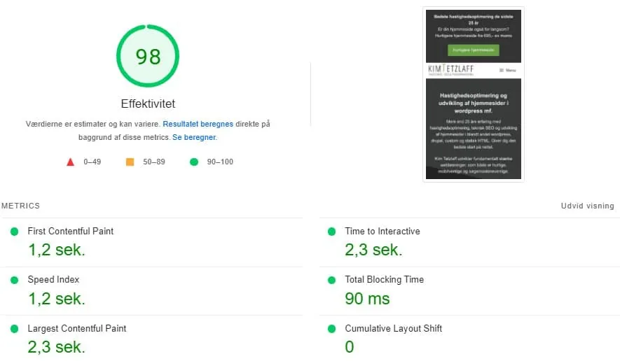 Pagespeed score på mobil for en hastighedsoptimeret WordPress hjemmeside