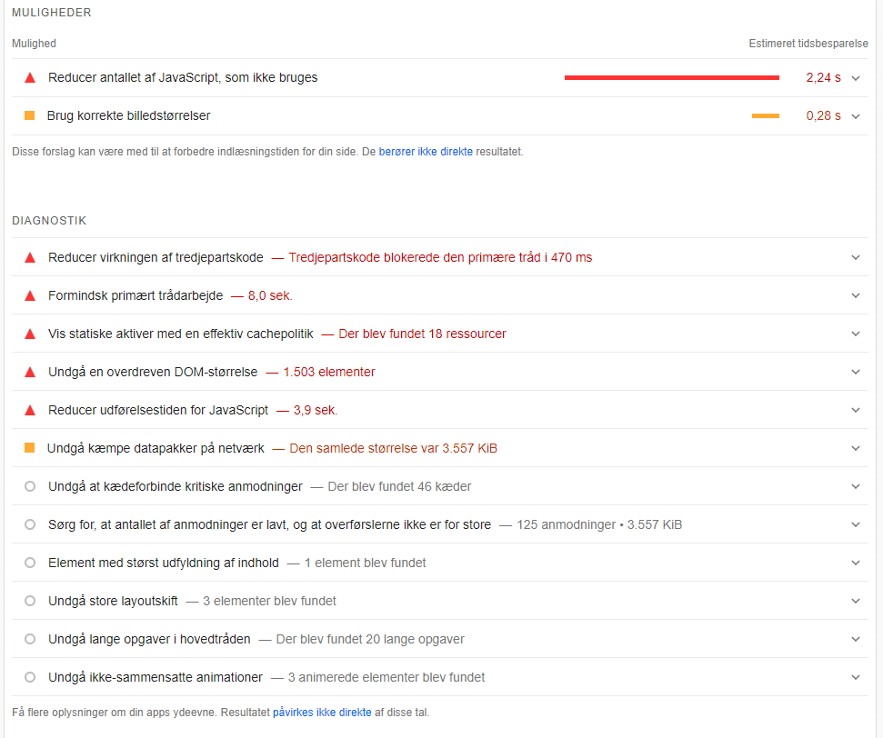 Muligheder og diagnostik i Google Pagespeed Insights med estimeret tidsbesparelse for hver enkelt anbefaling